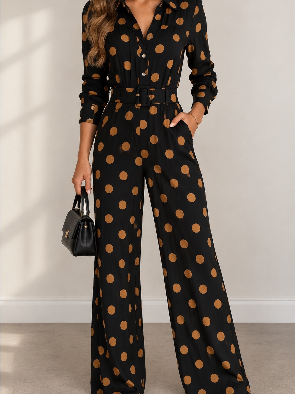 Anthropologie Black Gold Polka Dot Wide Leg Jumpsuit Size 0